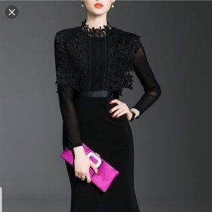Elegant Black Midi Dress with Lace Detail
